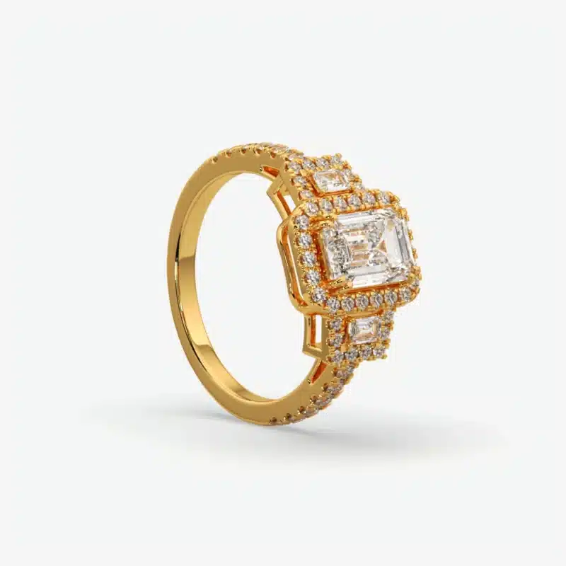 Custom Emerald-Cut Three-Stone Halo Engagement Ring Custom Emerald-Cut Three-Stone Halo Engagement Ring