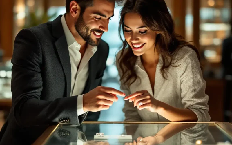 Couple choosing a diamond engagement ring together.