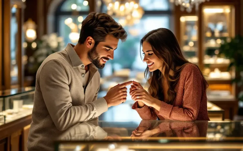 Couple choosing a ring with buying engagement ring tips.